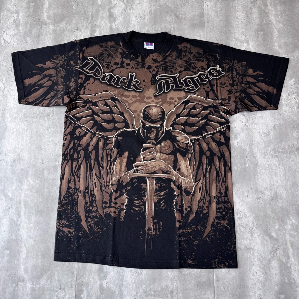 Vintage Dark Ages T-Shirt Mens L Black AOP Skull Biker Fantasy Mexican Bootleg